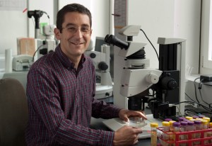 Florian Altermatt working at a microscope and studying protists. Picture © Altermatt lab/Sara Suter.