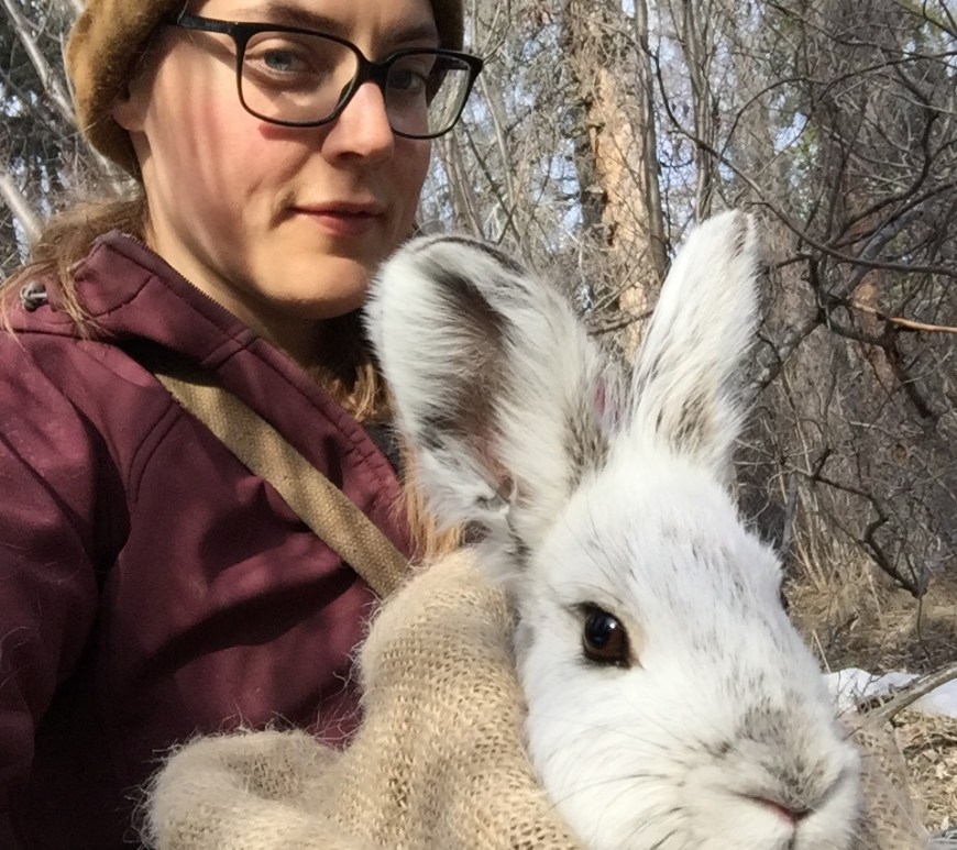 Ally releasing a snowshoe hare. Photo credit: Ally's iPhone.