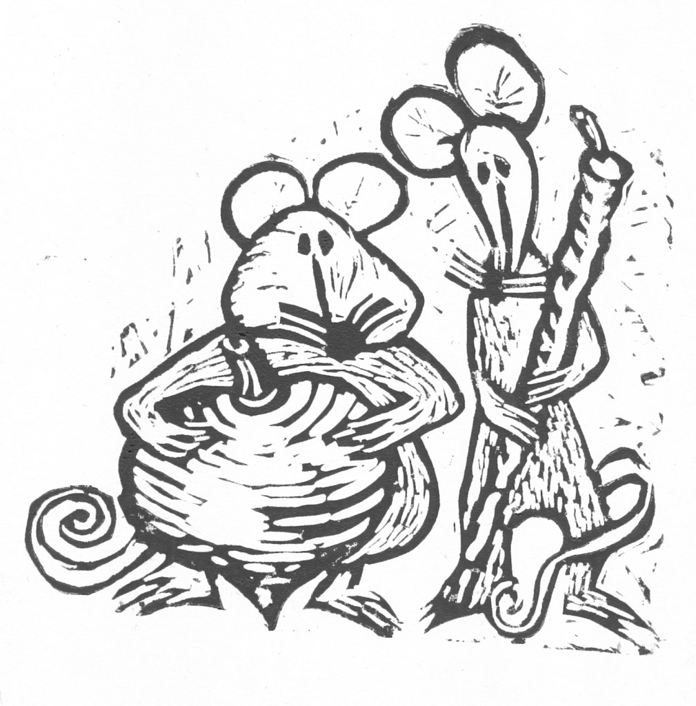 Mysky – Belowground storage organs or herbs are not only useful but also tasty - original linocut by Jitka Klimesova