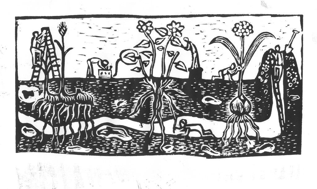 Ruch v podzemi – researchers measuring plant traits - original linocut by Jitka Klimesova