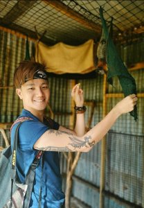 Getting cosy with a Grey-headed Flying Fox (Pteropus poliocephalus) at a wildlife-rehabilitation and education centre in Melbourne, Australia.