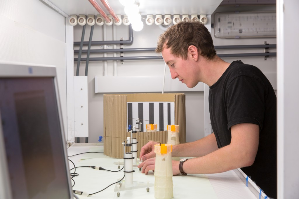 Daniel Kenna in controlled environment lab setting up flight mills for pilot trials (photo by Thomas Angus)