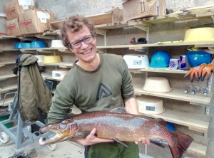 Libor Zàvorka with a male adult Atlantic salmon during milt and eggs collection.